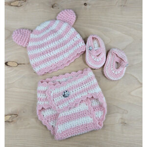 First Steps Infant Baby Girl Crochet Pink White 0-6M Hat, Diaper Cover, Booties
